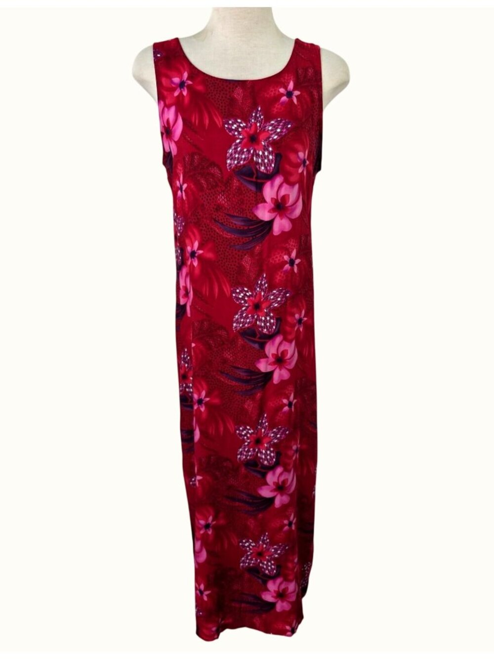 Vintage 90s Notations Jewel Reds Foral Rayon Maxi Dress M Sleeveless Side Slits